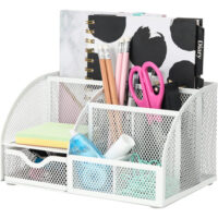 EXERZ Desk Organiser with 7 Compartments -Mesh Desk Tidy Caddy - White
