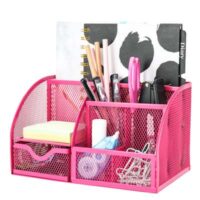 EXERZ Desk Organiser with 7 Compartments -Mesh Desk Tidy Caddy - Pink
